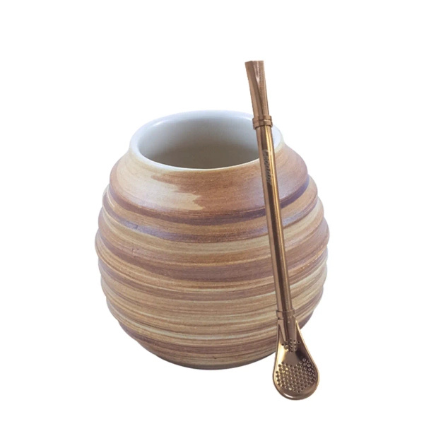 Zestaw Matero Ceramiczne Miodowe - Białe Szkliwione + Bombilla Gringo Rose Gold